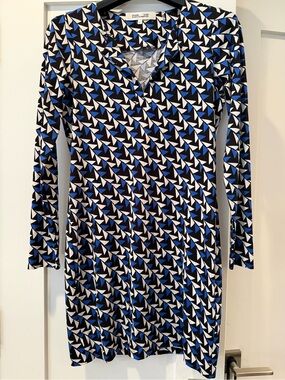 Diane Von Furstenberg Black, Blue & White Geometric Long-Sleeve Wrap Dress